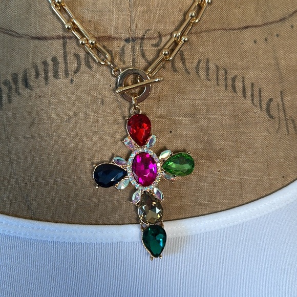 Crystal Cross Necklace Multi-Colored Gold Color Chain Front Clasp Colorful NWT - Picture 2 of 5